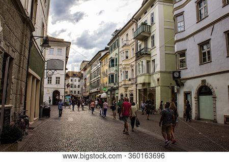 Bolzano, Italy - August 13, 2019: People Walking Along Via Della Mostra, Bolzano (bozen).