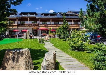 Alpe Di Siusi, Italy - August 14, 2019: View Of Seiser Alm Plaza Hotel In Compaccio (compatch).