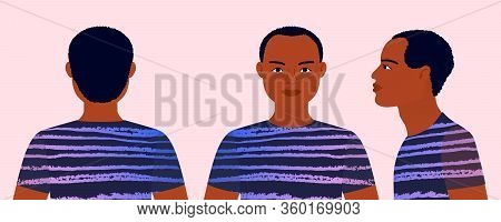 Man From Different Angles. Front, Side, Rear View. Profile African Boy. Vector Illustration On An Is