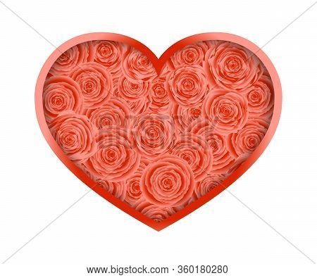 Red Heart And Many Red Rose Isolated On White Background. Abstract Love Background.vector Illustrati