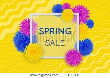 Spring Sale Banner. Frame, Colorful Flowers And Text Spring Sale On Yellow Background. Vector Illust