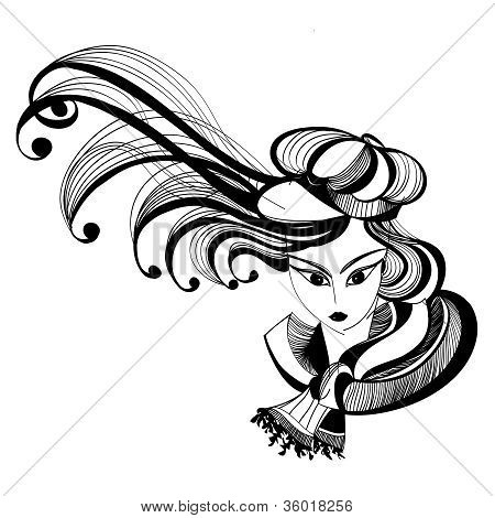 Mustavalkoinen luonnos on tyttö hulmuten hiukset