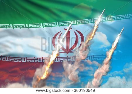 Modern Strategic Rocket Forces Concept On Blue Sky Background, Iran Nuclear Warhead Attack - Militar