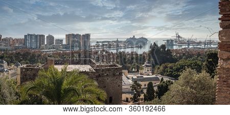 Malaga Spain Wide Panorama Landscape Cityscape And View Of The Port, The Sea And A Cruise Ship On A 
