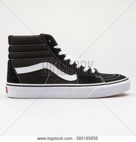 Vienna, Austria - August 14, 2017: Vans Sk8 High Black And White Sneaker On White Background.
