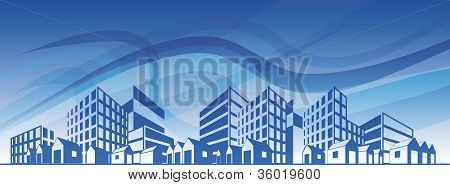 Kaupungin siluetti erityyppisiä rakennuksia yli Sinitaivaan. Eps10