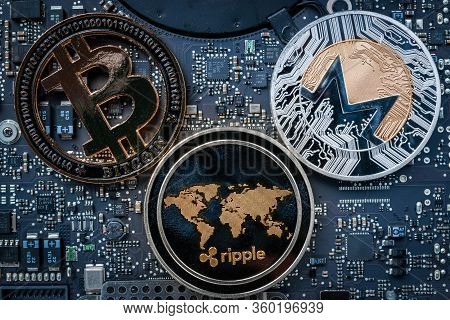 Bitcoin Business. Gold Cryptocurrency Computer Electronic Circuit Board Motherboard. Litecoin, Ether