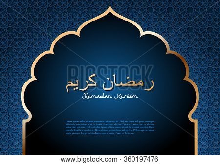 Ramadan Kareem Golden Arabic Text On A Silhouettes Of Mosques And Minarets On Sunset Sky In Golden A