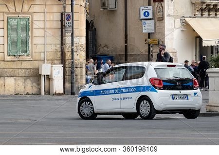 Siracusa, Sicily - February 13, 2020: A White Citroen C1 Car Of The Ausiliari Del Traffico Departmen