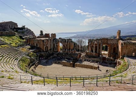 Taormina, Sicily - February 14, 2020: Teatro Antico Di Taormina (ancient Amphitheatre) In Sicily, It