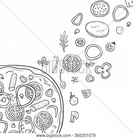 Vector Illustration With Hand Drawn Pizza And Pizza Igridients