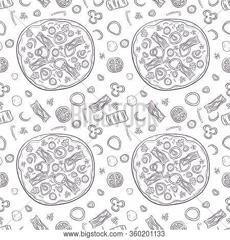 Vector Seamless Pattern With Hand Drawn Pizza And Pizza Igridients
