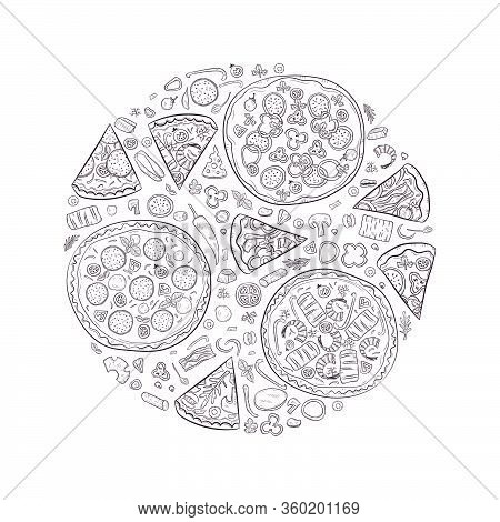Vector Illustration With Hand Drawn Pizza And Pizza Igridients