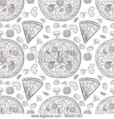 Vector Seamless Pattern With Hand Drawn Pizza And Pizza Igridients