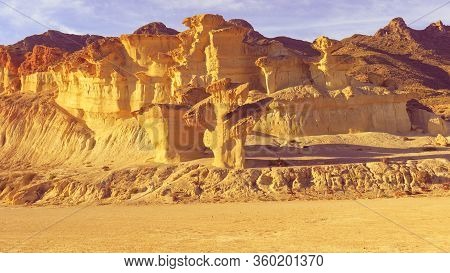 The Enchanted City Of Bolnuevo, Yellow Sandstone Shapes, Rock Formations, Murcia Spain. Tourist Attr