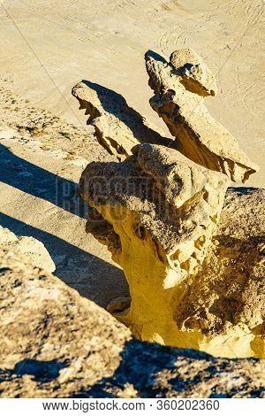 The Enchanted City Of Bolnuevo, Yellow Sandstone Shapes, Rock Formations, Murcia Spain. Tourist Attr