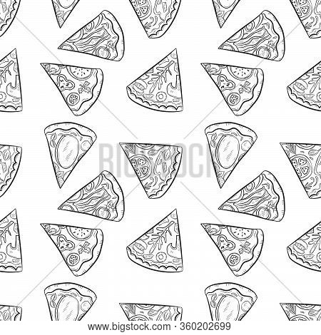 Vector Seamless Pattern With Hand Drawn Pizza And Pizza Igridients