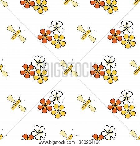 Cute Seamless Pattern With Bee And Flowers. Vector White Background. Repeat