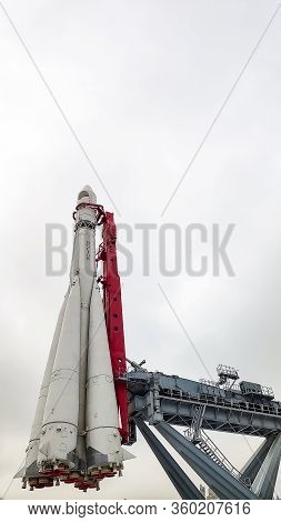 Moscow, Russia, April 3, 2020: Scale Reproduction Of Vostok 1 Rocket Used By Yuri Gagarin In The Fir