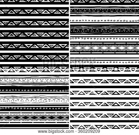 Set Of Seamless Pattern With African Borders For Design. Horizontal Stripes. Black And White Print F