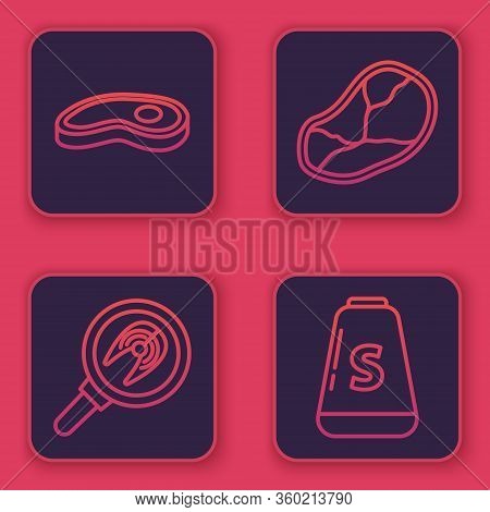 Set Line Steak Meat, Fish Steak In Frying Pan, Steak Meat And Salt. Blue Square Button. Vector