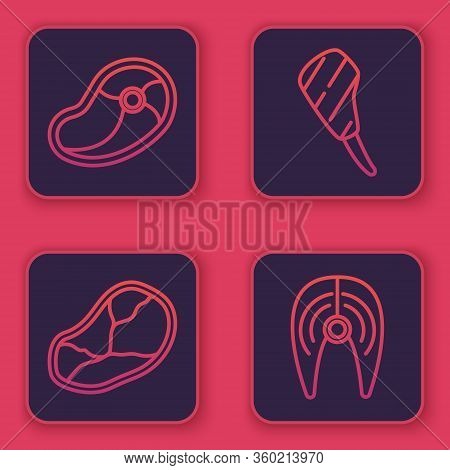Set Line Steak Meat, Steak Meat, Rib Eye Steak And Fish Steak. Blue Square Button. Vector