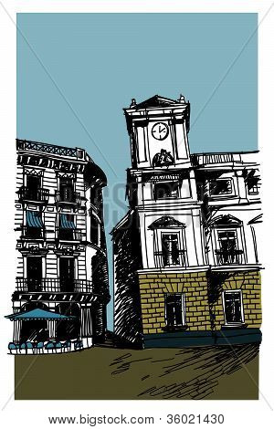 Luonnos piirustus pieni neliö Euroopan vanhakaupunki