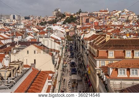 Lisbon, Portugal - 2 March 2020: Top View Of People Walking On Rua Augusta