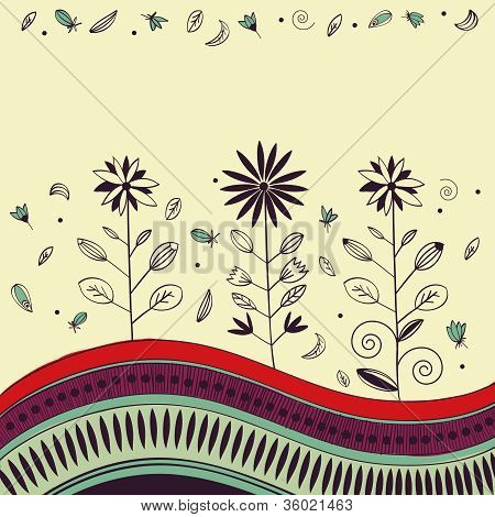 Abstrakti kirkas käsin tehty kukka koriste, jossa kukkia ja aaltoileva maahan