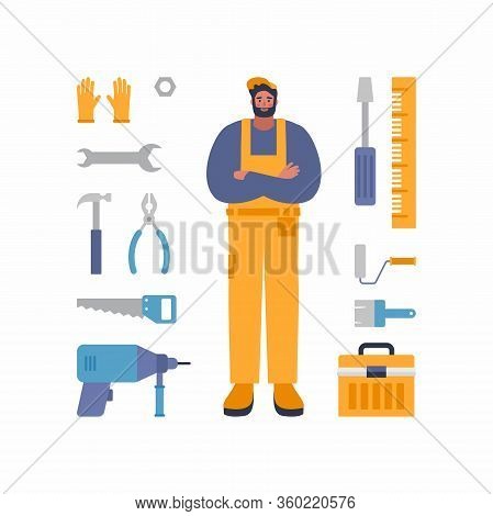 Service Worker Character With Tools And Equpment. Universal Worker Character For Repair, Constructio