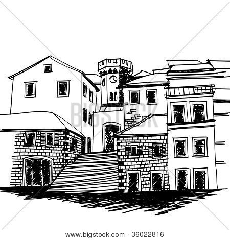 Musta ja valkoinen pieni neliö Välimeren vanhakaupunki piirustus luonnos