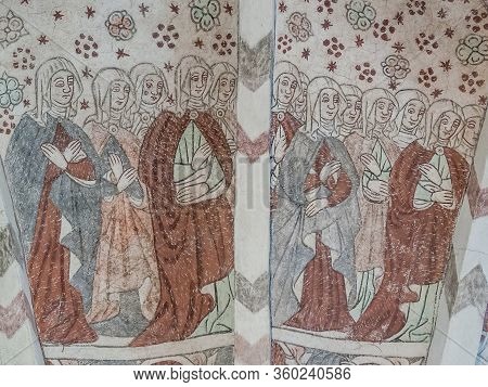 Women In Medieval Costumes Following The Virgin Mary To Her Purification, A 500 Years Old Gothic Fre