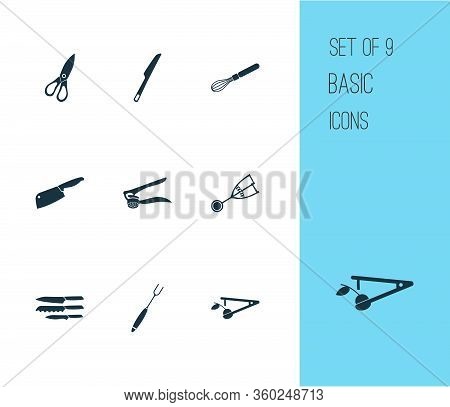 Utensil Icons Set With Dinner Knife, Chopping Knife, Casing Fork And Other Ice Cream Scoop Elements.