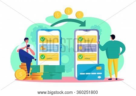 Online Money Transfer Vector Illustration. Cartoon Flat Tiny Friend Man Character Transferring, Send