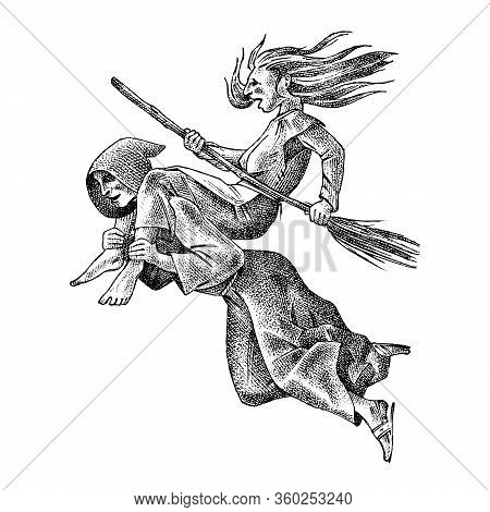 Witch Flies With A Broom And A Monk. Ancient Mythical Magic Character. Engraved Monochrome Sketch. H