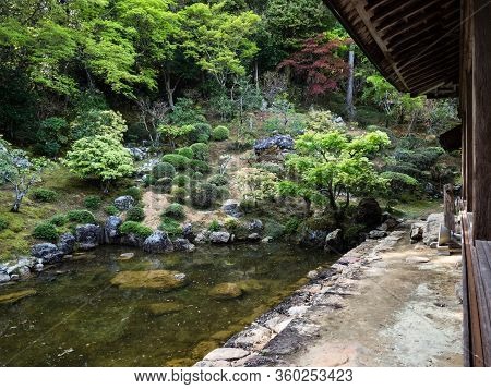 Kochi, Japan - April 6, 2018: Traditional Japanese Garden On The Grounds Of Chikurinji, Temple Numbe