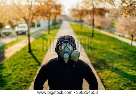 Adult Affected By The Covid-19,wearing Mc1airborne Protection Gas Mask.psychological Stress Of Infec