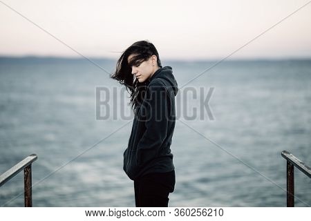 Stressed Sad Woman In Bad Mood Overthinking Problems,looking At The Sea/ocean.person Being Alone.soc