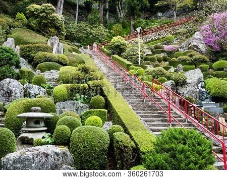 Kochi, Japan - April 6, 2018: Traditional Japanese Garden On The Grounds Of Konomineji, Temple Numbe