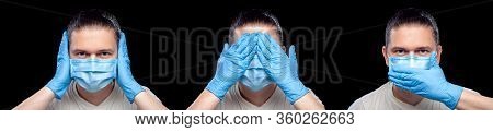 Blind Deaf Mute Male Portrait Of A Doctor In A Medical Mask And Surgical Gloves Isolated On A Black 