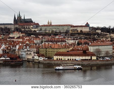 Prague, Czech Republic - December 12, 2018: View Of Lesser Town And Prague Castle From Old Town Brid