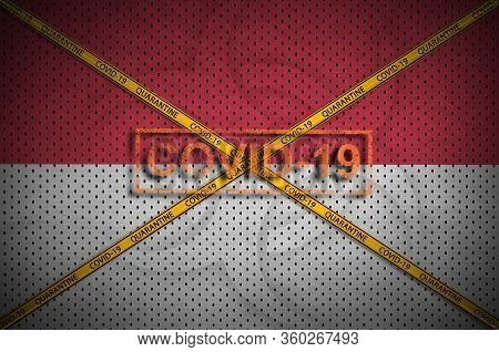Indonesia Flag And Covid-19 Stamp With Orange Quarantine Border Tape Cross. Coronavirus Or 2019-ncov