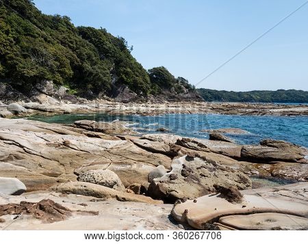 Sandstone Rock Formations At Tatsukushi Coast - A Natural Scenic Landmark Near Tosashimizu, Kochi Pr