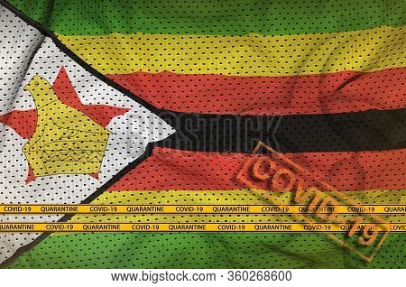 Zimbabwe Flag And Orange Covid-19 Stamp With Border Tape. Coronavirus Or 2019-ncov Virus Concept