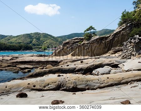 Sandstone Rock Formations At Tatsukushi Coast - A Natural Scenic Landmark Near Tosashimizu, Kochi Pr