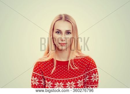 Woman In Pullover. Closeup Portrait Beautiful Young Cute Pretty Woman Fashion Girl In Red Woolen Swe