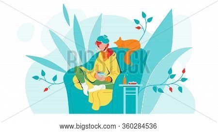 Flu Ill Girl In Armchair With Temperature Vector