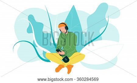 Man Using Mobile Cellular For Listen Music Vector