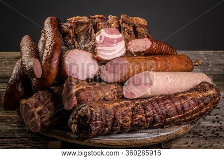 Assorted Meat Products Including Ham And Sausages. Ariety Of Processed Cold Meat Products.