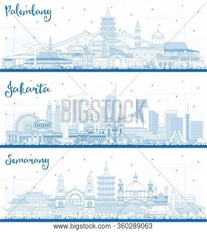 Outline Palembang, Jakarta and Semarang Indonesia City Skylines with Blue Buildings. Business Travel and Tourism Concept with Historic and Modern Architecture. Cityscapes with Landmarks.